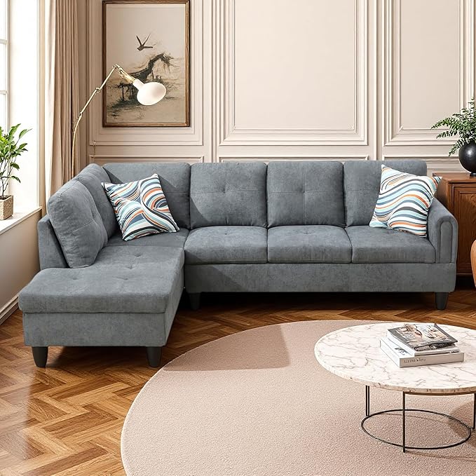 L Shaped Couch Sectional Couches with Chaise, Fluffy Fabric 3 Pieces Modular Convertible Sofa for Living Room Furniture Sets and Small Apartment, Dark Gre