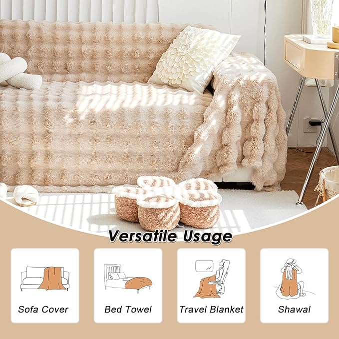Thick Faux Rabbit Fur Couch Cover 1-Piece Non-Slip Warm Soft Cozy Sofa Covers,Fluffy Plush Sofa Slipcover Furniture Protector for Kids,Pets(Khaki,71" x 118")