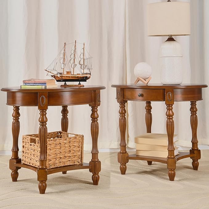 LEEMTORIG Oval Round End Table, 2-Tier Solid Wood End Table Side Table with Drawer, Victorian Vintage Nightstand for Bedroom Living Room Hallway, 28" W x 22" D x 24.2" H, Caramel Brown CJZ-1533-MG