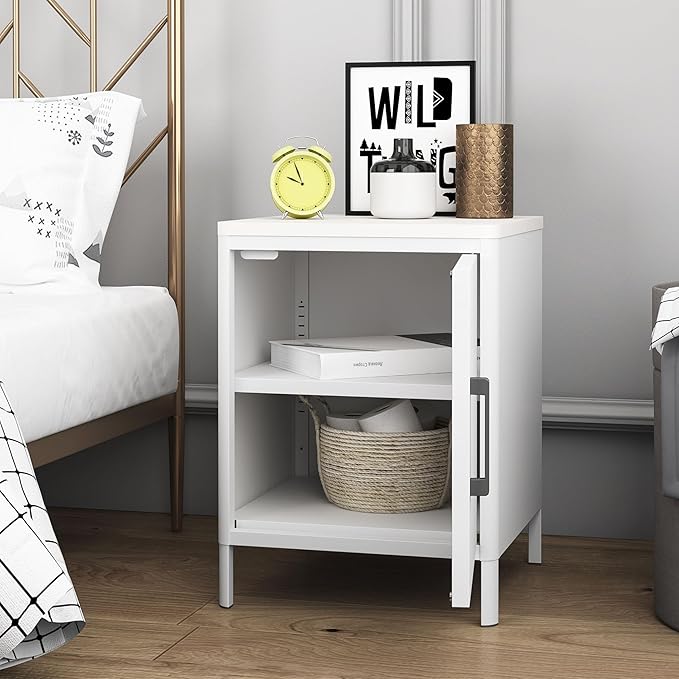 Nightstand with 1 Door, Metal Side Table with Wooden top for Bedroom, Living Room and Dorm 15.75 x 15.67 x 21.26 Inches (1 Door, Cream)