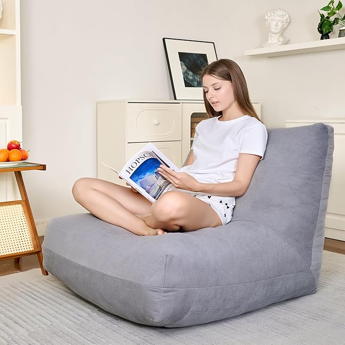 Bean Bag Chairs for Adults, Memory Foam Bean Bag Chair, Spacious Single Sofa, Ergonomic Support Reading Floor Sofa Chair with Filler, Comfy Cozy Beanbag Couch for Bedroom Living Room (Grey)