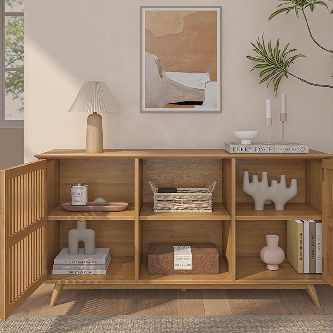 Plank+Beam Mid-Century Modern Wood TV Stand, Solid Wood Entertainment Console with Storage, 59" L x 16" W x 30" H, Pecan