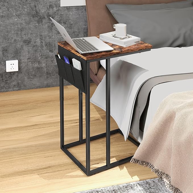 C Shaped End Table Set of 2 for Living Room, Couch Side Tables That Slide Under, TV Tray Snack Table for Sofa, Brown
