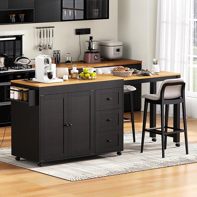 Ball & Cast 74.8" Kitchen Island with Extendable Dining Table,Kitchen Storage Cart W/Power Outlet and 3 Drawers,Rolling Kitchen Island on Wheels W/Spice Rack & 2 Door Cabinet,for Kitchen,Black