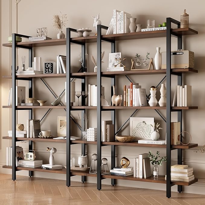 Industrial Bookshelf with 5 Shelves, Solid Wood core Bookcase,Walnut Wood and Black Metal Frame, Large Open Storage Display Unit (Dark Walnut, 5 Tiers)