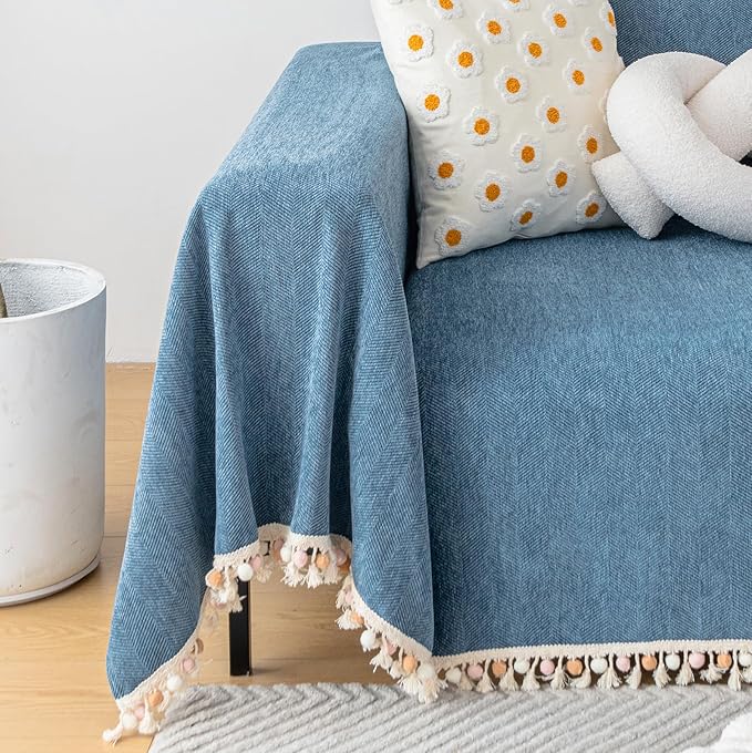 HANDONTIME Couch Slipcover Dog Sofa Covers Boho Couch Cover for Dogs Blue Sofa Throw Cover Bohemian Sofa Covers for 3 Cushion Couch Herringbone Sectional Couch Cover Slipcovers for Sofas, 91" X150"