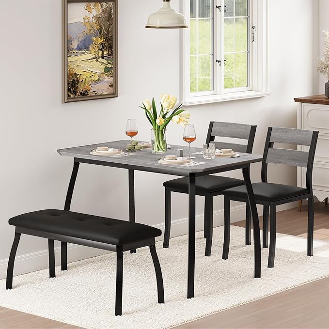 Dining Table Set for 4, Wooden Kitchen Table with Upholstered Bench & 2 Cushion Chairs, Space-Saving Dinette Set for Studio, Kitchen, Dining Room, Apartment(43''x28''x30''), Gray