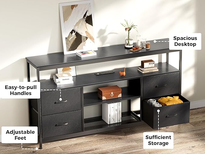 Huuger TV Stand Dresser with Power Outlets and LED Lights, 4 Drawers Entertainment Center with Shelf, 54 Inch Media Console for 55 60 Inch TV, 4 AC Outlets, 2 USBs, Dresser with PU Finish, Black