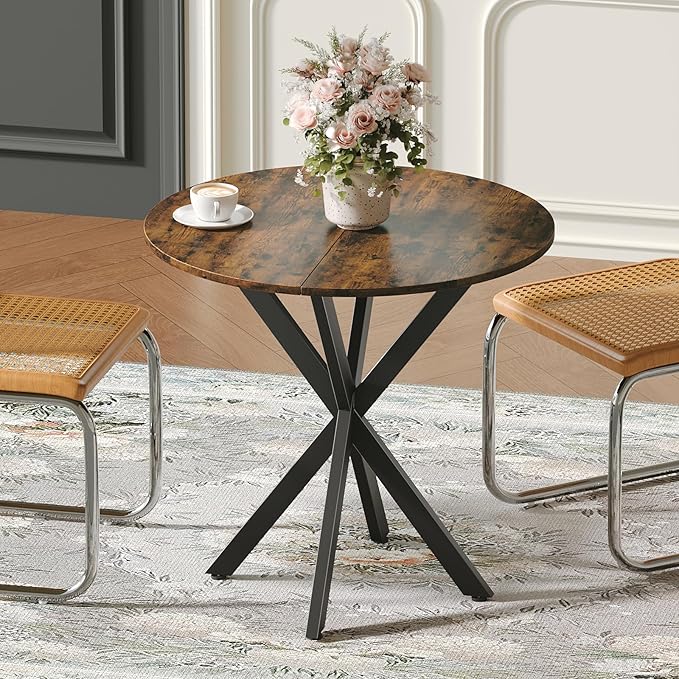 Unovivy 31.5" Small Round Dining Table for 2-4, Space Saving Circle Kitchen Dinner Table, Industrial Mid Century Modern Dining Room Desk for Kitchen, Apartment, Rustic Brown