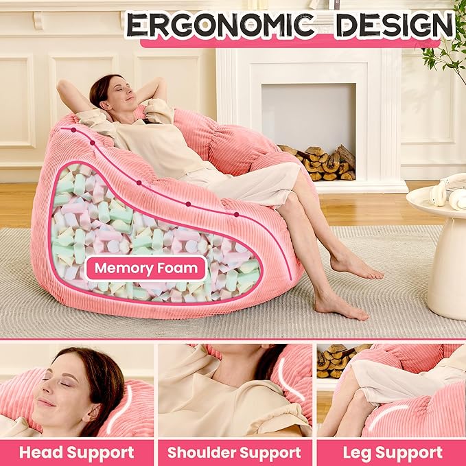 HABUTWAY Giant Bean Bag Chair for Adults/Kids/Teens, Pumpkin Bean Bag Couch Comfy Reading Chair for Bedroom, Corduroy Lazy Sofa Loughe Chair with Wider Seat Depth & Non-Slip Bottom(Pink)