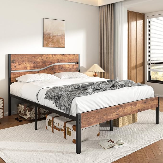 VECELO Full Size Bed Frame with Wood Headboard and Footboard, 14 Inch Platform/No Box Spring Needed, Heavy Duty Support, Easy Assembly