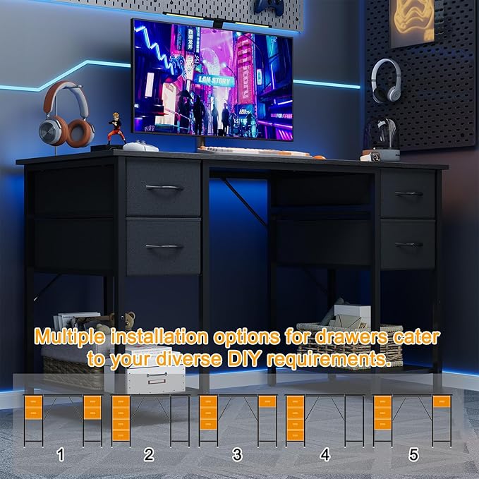 Computer Desk with 4 Drawers, 47 Inch Office Desk with Storage, Gaming Desk with CPU Shelves, Writing Desk Work Desk for Home Office, Study, Bedroom, Work from Home, Black