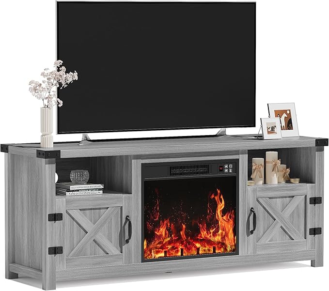YESHOMY Fireplace TV Stand with Barn Doors and Open Display Shelf, Farmhouse Media Console with Hidden Cable Routing, Entertainment Center for Televisions up to 65+ Inch, Gray Wash