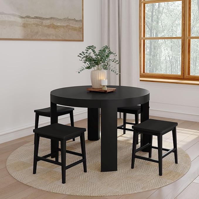 Plank+Beam Smythe Dining Stool, 18",Set of 4, Sturdy Wood Modern Kitchen Stool, Saddle Seat Backless Chair, Metal Footrest, Black