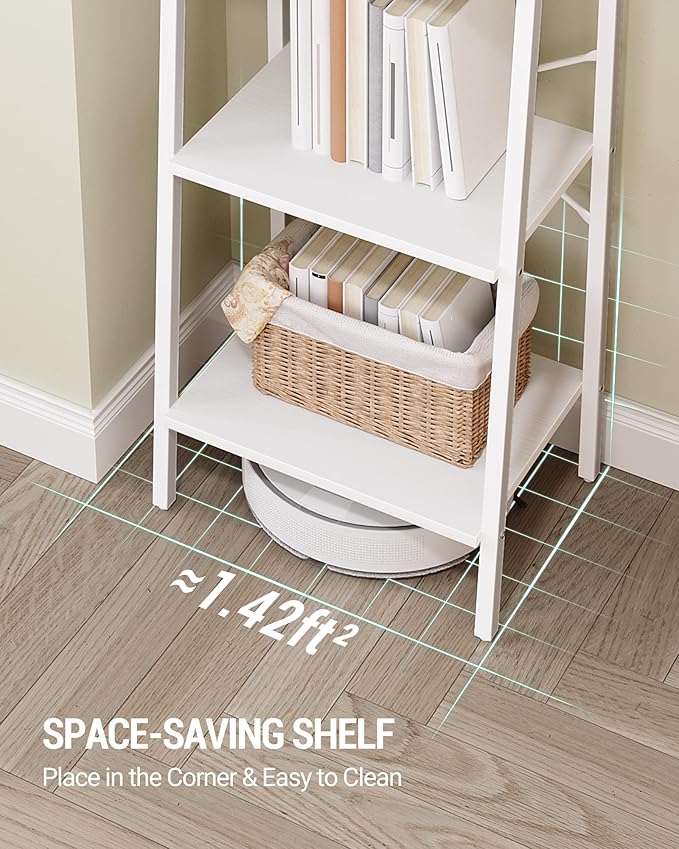 Ladder Shelf, Bookshelf Bookcase, Freestanding Corner Storage Shelve with 2 Hooks for Home Office, Living Room, Kitchen, Bedroom, Industrial, 5-Tier White BC19213W