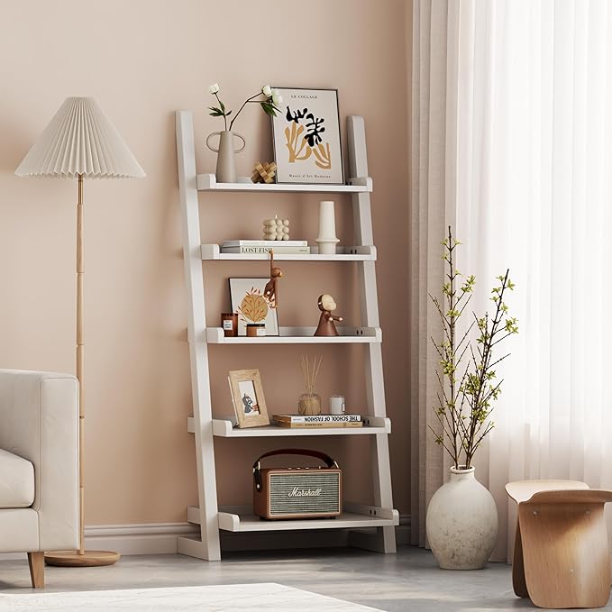 White Wooden Ladder Shelf with Edges, 5-Tier Modern Leaning Bookshelf Ladder – Stylish Space-Saving Bookcase for Living Room, Bedroom & Home Office
