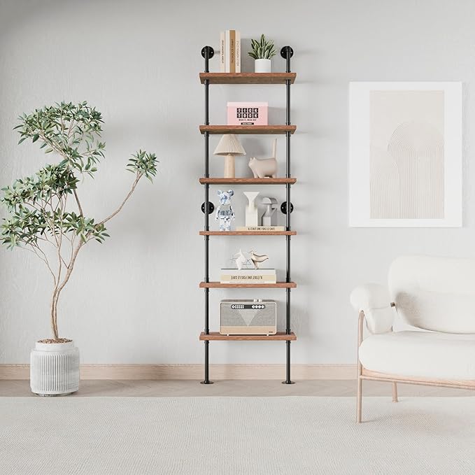 Industrial Ladder Pipe Shelves, Wall Mounted Rustic Bookshelf, Retro Metal Wood Bookcases (Weathered Brown, 6 Tier - 10" D x 24" W x 82.5" H)