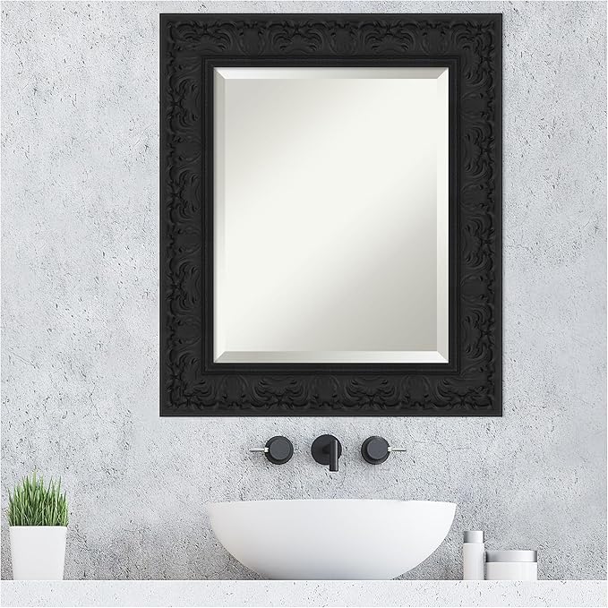 Amanti Art Black Bathroom Mirror for Over Sink, 27x23 Luxe Black Rectangle Vanity Mirror, Small Traditional Frame, Hangs Horizonally and Vertically, Bathroom Wall Decor, Beveled Edge