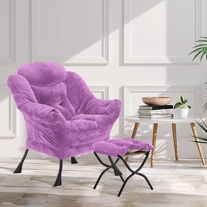 Fabric Lazy Chair with Ottoman, Oversized Upholstered Sofa Chair for Adults, Plush Comfy Lounge Chair with Large Side Storage Pocket, Reading Chair for Living Room, Bedroom, Office, Purple