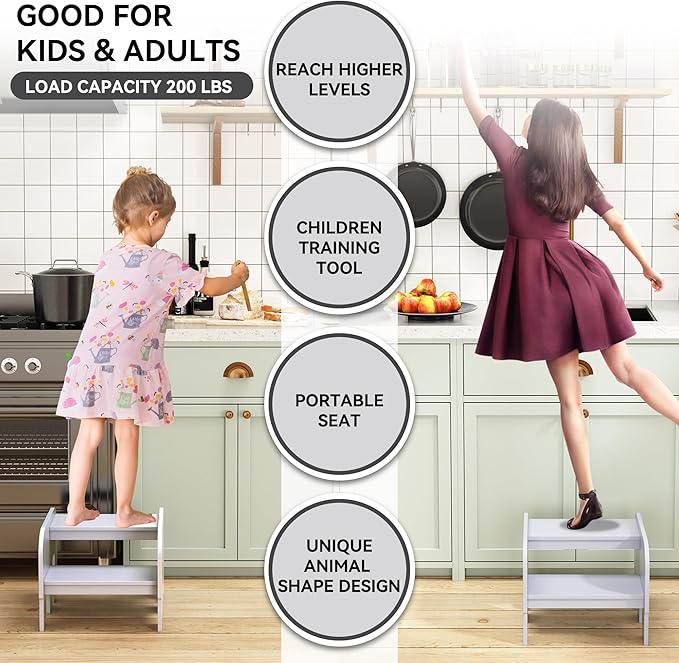 Wood Step Stools for Kids, Child Two Step Stool of Elephant Shape, Toddler Step Stools Potty Training Stool, Easy to Move Safety for Kitchen, Bathroom, Bedroom, Toilet