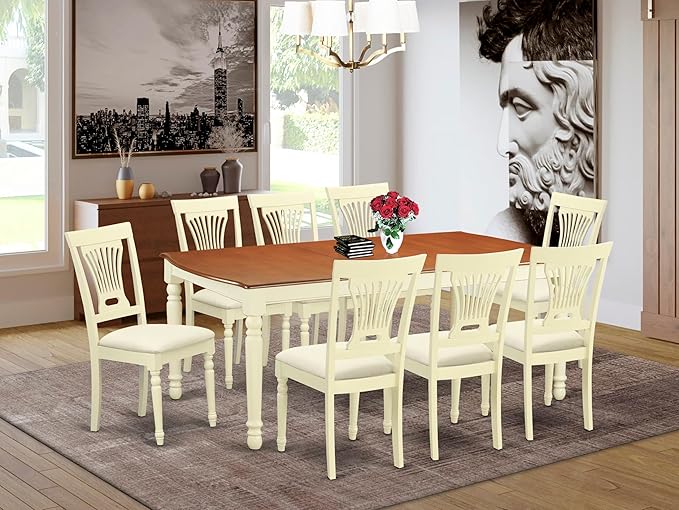 East West Furniture DOPL9-WHI-C 9 Piece Dining Table Set Includes a Rectangle Dining Room Table with Butterfly Leaf and 8 Linen Fabric Upholstered Chairs, 42x78 Inch, Buttermilk & Cherry