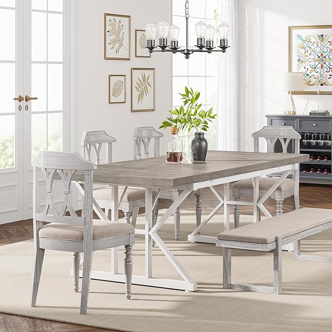 Tribesigns Farmhouse Dining Table for 6 People, 70.8-Inch Rectangular Wood Dining Table, Rustic Kitchen Table with Heavy Duty Metal Legs for Dining Room(Grey)