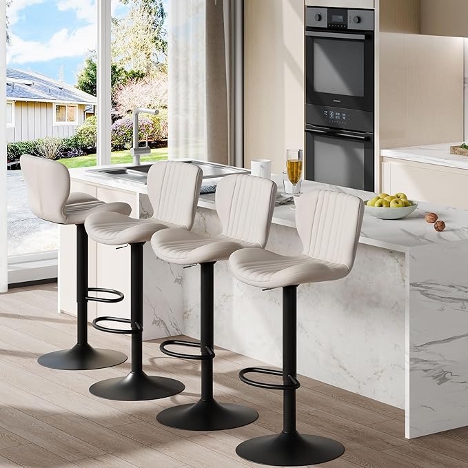 Shintenchi Bar Stools Set of 4 Modern Swivel Bar Chairs, Counter Height Faux Leather Metal Barstools, Upholstered Island Chairs with Back and Footrest, Beige