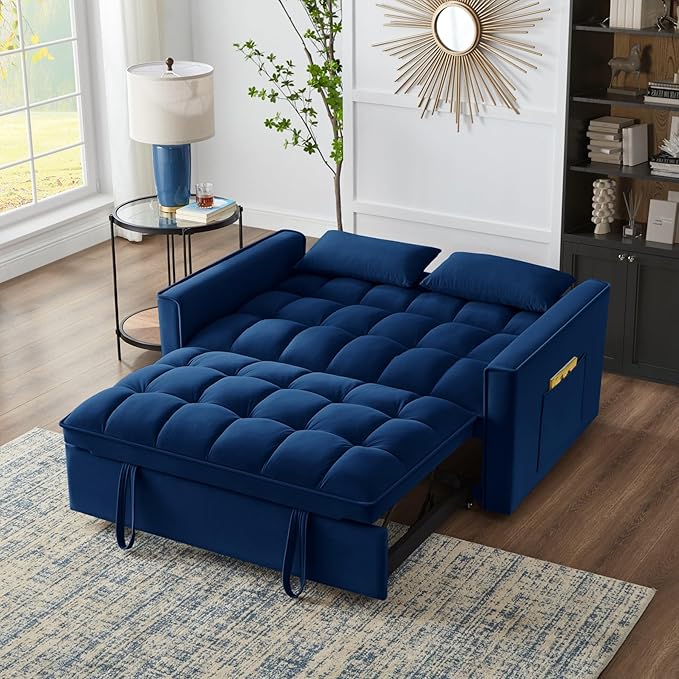 KEIKI Velvet Loveseat Convertible Sofa Bed Sleeper Chair with Adjustable Backrest, Pillows & Storage Pockets, 3 in 1 Pull-Out Couch Chaise Lounge Recliner for Living Room Balcony Bedroom, Navy