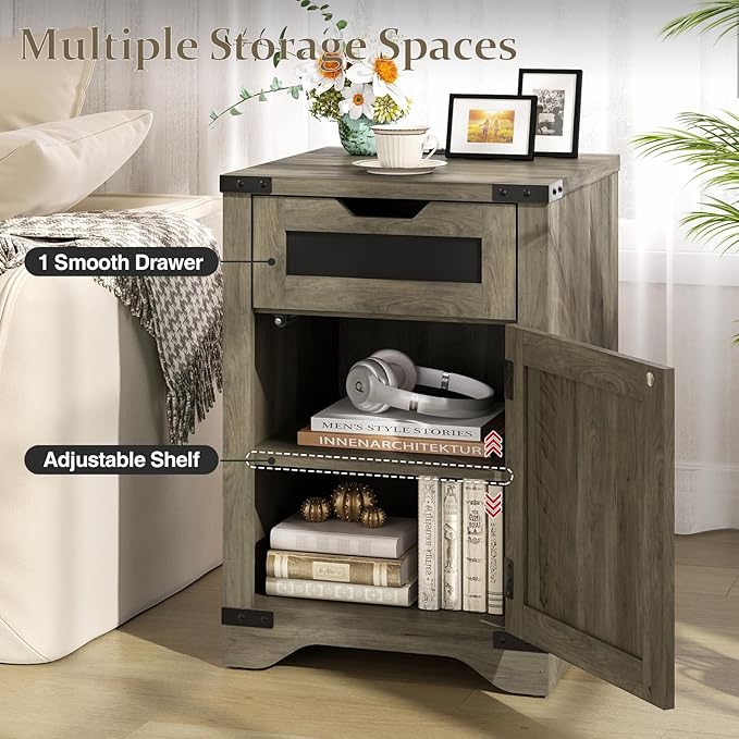 Farmhouse End Table Set of 2 with Charging Station, 26.4" Tall Rustic Nightstand with Drawer and X Barn Door, Country Bedside Sofa Side Table for Living Room, Grey