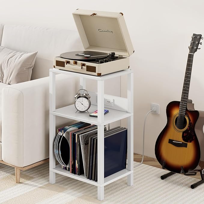 TUTOTAK Record Player Stand with Storage Up to 100 Albums，Record Storage Table,3 Tier End Table with Charging Station,Side Table for Living Room, Bedroom, White TB01BW076