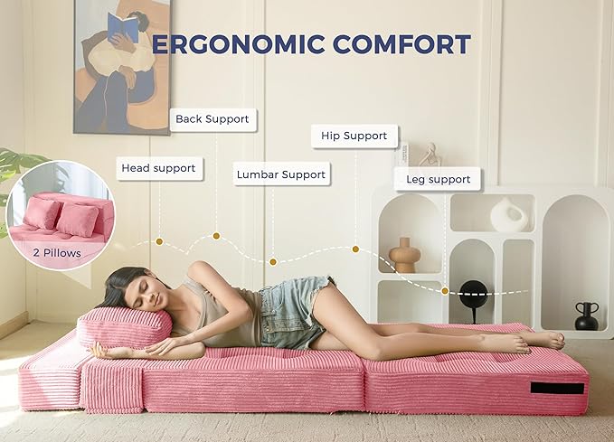 MAXYOYO Convertible Sofa Bed, Fold Out Loveseat Sleeper Sofa with Pillow, 4 in 1 Tufted Folding Couch Bed Foam Floor Couch, Lazy Chair for Living Room Bedroom Guest Room, Pink