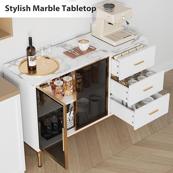 Buffet Sideboard Cabinet with Storage, 46.4" Large Fluted Kitchen Sideboard Cabinet with 2 Glass Doors 3 Drawers and Shelves, Faux Marble Top Buffet Table for Dining Room, Living Room, White