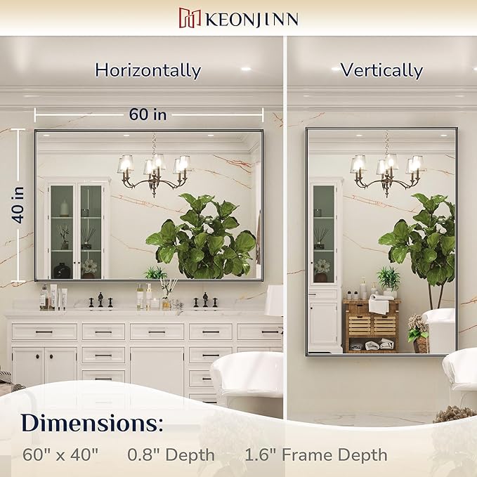 Keonjinn Black Mirror for Bathroom 60 x 40 Inch Rectangular Wall Mirror Large Matte Black Vanity Mirror Metal Frame Rectangle Farmhouse Mirror, Modern Square Corner Framed Mirror(Horizontal/Vertical)