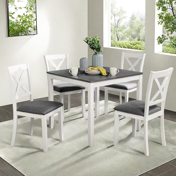Dining Table Set for 4, 5-Piece Kitchen Table & Chairs Set with Square Table & 4 Fabric Upholstered Chairs, 34.5'' Dinner Set with X-Shaped Backrest & Non-Slip Feet for Kitchen, White&Gray