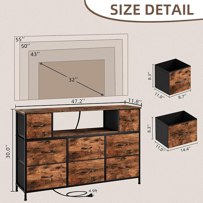 Somdot Dresser TV Stand, TV Stand Dresser for Bedroom, Fabric Storage Tower with 8 Drawers, Fabric Chest for Living Room, Hallway, Entryway, Closets,Easy Pull Handle, Wood Grain Print