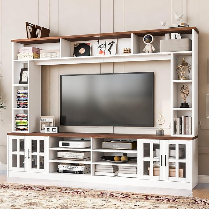 95.5" Entertainment Wall Unit Set with Bookshelves, Modern TV Stand for Televisions Up to 80", Large Media Console with Cabinets and Tempered Glass Doors for Living Room