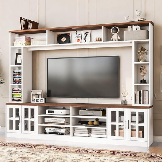 95.5" Entertainment Wall Unit Set with Bookshelves, Modern TV Stand for Televisions Up to 80", Large Media Console with Cabinets and Tempered Glass Doors for Living Room