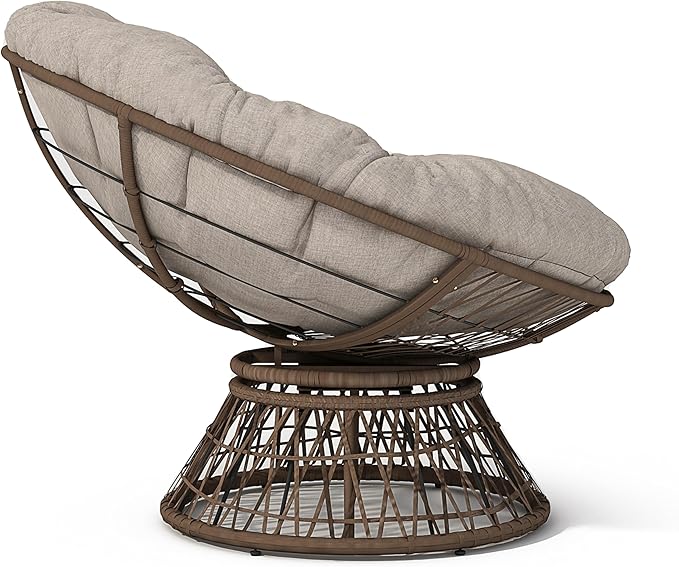 Ball & Cast Ergonomic Wicker Chair with Cloud Thick Density Fabric Cushion,Accent Chair W/ 360 Degree Swivel,Sturdy Metal Frame,Height Adjustable,for Reading,Living Room Bedroom,Lounge,Brown+Beige