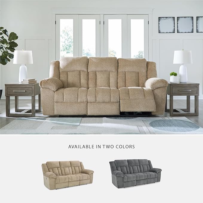 Signature Design by Ashley Tip-Off Classic Wall Hugger Power Reclining Sofa with Adjustable Headrest and USB Ports, Light Brown