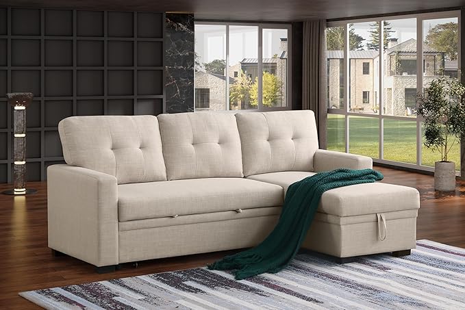 Ball & Cast Sleeper Sofa Couch with Pull Out Bed,L Shaped Sleeper Sofa with Storage,Sectional Sleeper Couch,Convertible Sleeper Sectional Sofa W/Reversible Chaise & Back Cushion,for Living Room,Office