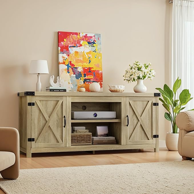 YESHOMY Modern Farmhouse TV Stand with Two Barn Doors and Storage Cabinets for Televisions up to 65+ Inch,Entertainment Center Console Table,Media Furniture for Living Room,Yellow Oak