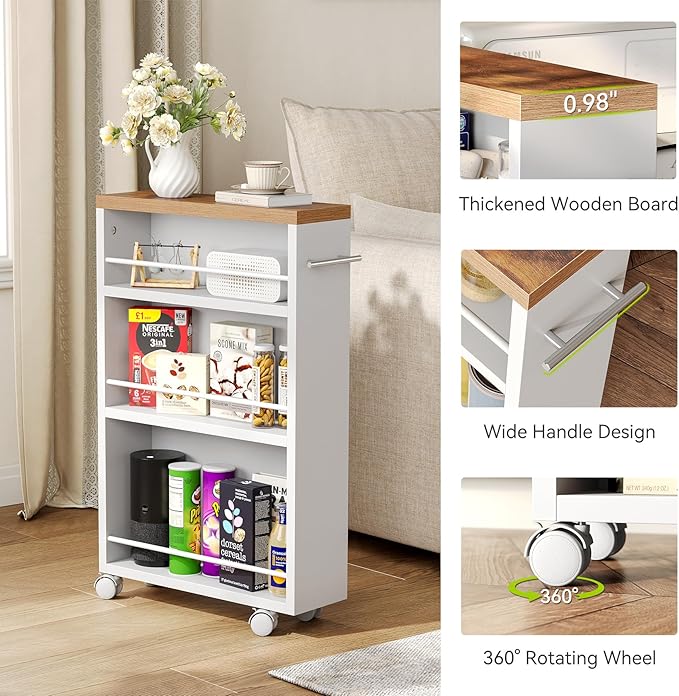 LITTLE TREE 4 Tier Rolling Cart with Wheels, 6.3 Inch Slim Storage Cart, Wooden Snack Cart with Narrow Shelf, White Laundry Room and Bathroom Organizer Shelves