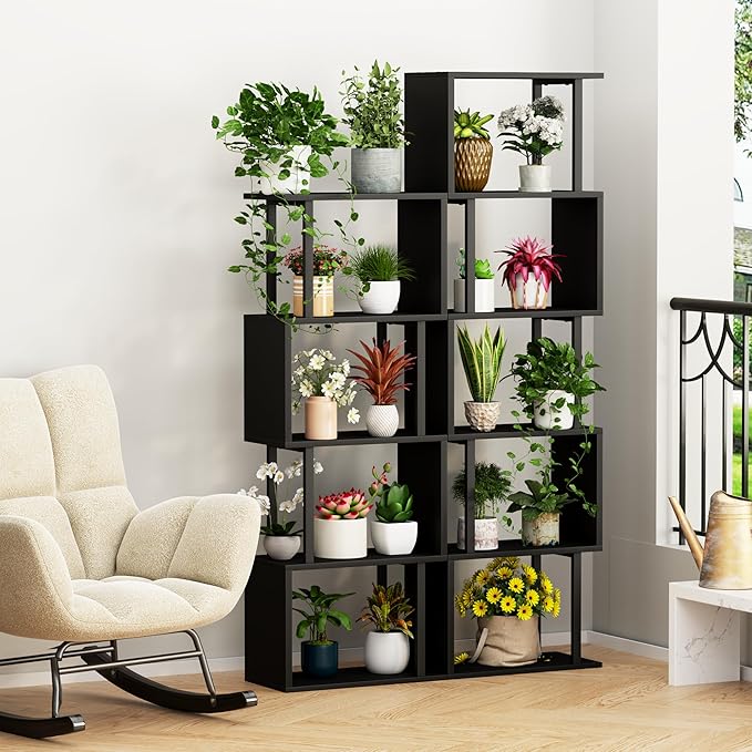Gadroad 5-Tier Bookshelf, Tall S-Shaped Geometric Bookcase, Wood and Metal Decorative Storage Shelving, Modern Freestanding Display Shelves, Book Shelf Unit for Living Room Bedroom Home Office, Black
