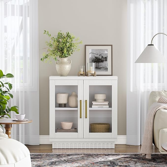 Buffet Cabinet with Storage, Sideboard Buffet with Glass Doors, Cupboard Console Table Accent Cabinet for Hallway, Entry, Kitchen, Living Room, Dining Room, Montauk White
