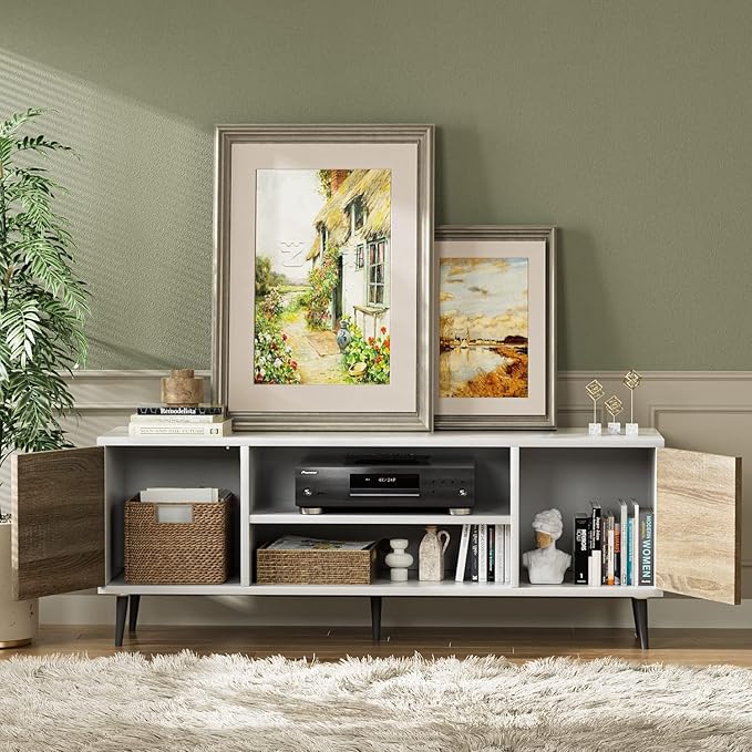 YESHOMY Modern TV Stand for 65" Television, Entertainment Center with Two Storage Cabinets and Open Shelves, Retro Style Media Console for Living Room, Bedroom, Office, 58 Inch, White and Oak