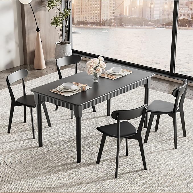 Solid Wood Dining Chairs Set of 4, Farmhouse Kitchen Chairs with Oak Backrest, Wooden Dining Room Chairs for Dining Room, Living Room, Non-Slip Foot Pads, Black