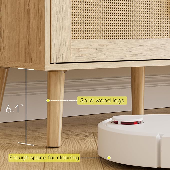 TV Stand for 55-65inch TV, Rattan Entertainment Center with Soft Hinge Door,TV Console Table with 2 Cabinets with Gold Handle and Feet,for Living Room, Bedroom, Natural