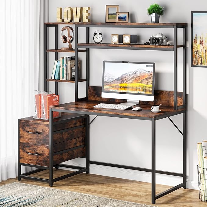 Tribesigns 55 Inch Computer Desk with 2 Drawers and Storage Shelves, Rustic Office Desk with Hutch, Study Writing Gaming Table Laptop Workstation for Home Office (Brown)