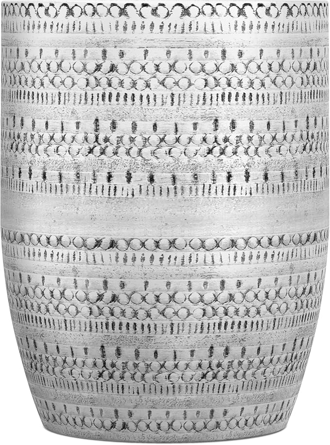 SIMPLIHOME Johnsen Metal Table - 15 inch Wide Solid Iron Drum Accent Table in Antique Silver with Tribal Pattern, Round Boho End Table for Living Room, Bedroom, or Home Office, Fully Assembled