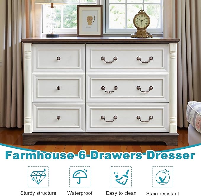Farmhouse 6 Drawers Dresser for Bedroom, 47.24" Wide Wood Rustic Chest of Drawers with Roman Metal Handle, Tall Storage Dressers Organizer for Bedroom, Living Room, Hallway, Antique White